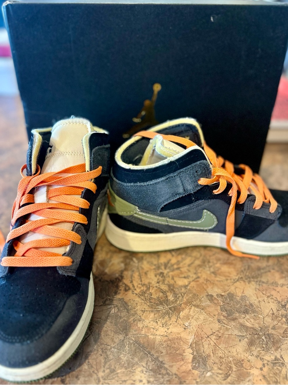 Jordan Kids High-Top Sneakers in Black, Olive & Orange